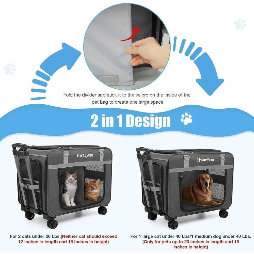Pet Carrier with Wheels, Rolling Carrier for 2 Cats or Medium Dog, 24 X 15 X 17 Portable Crate.