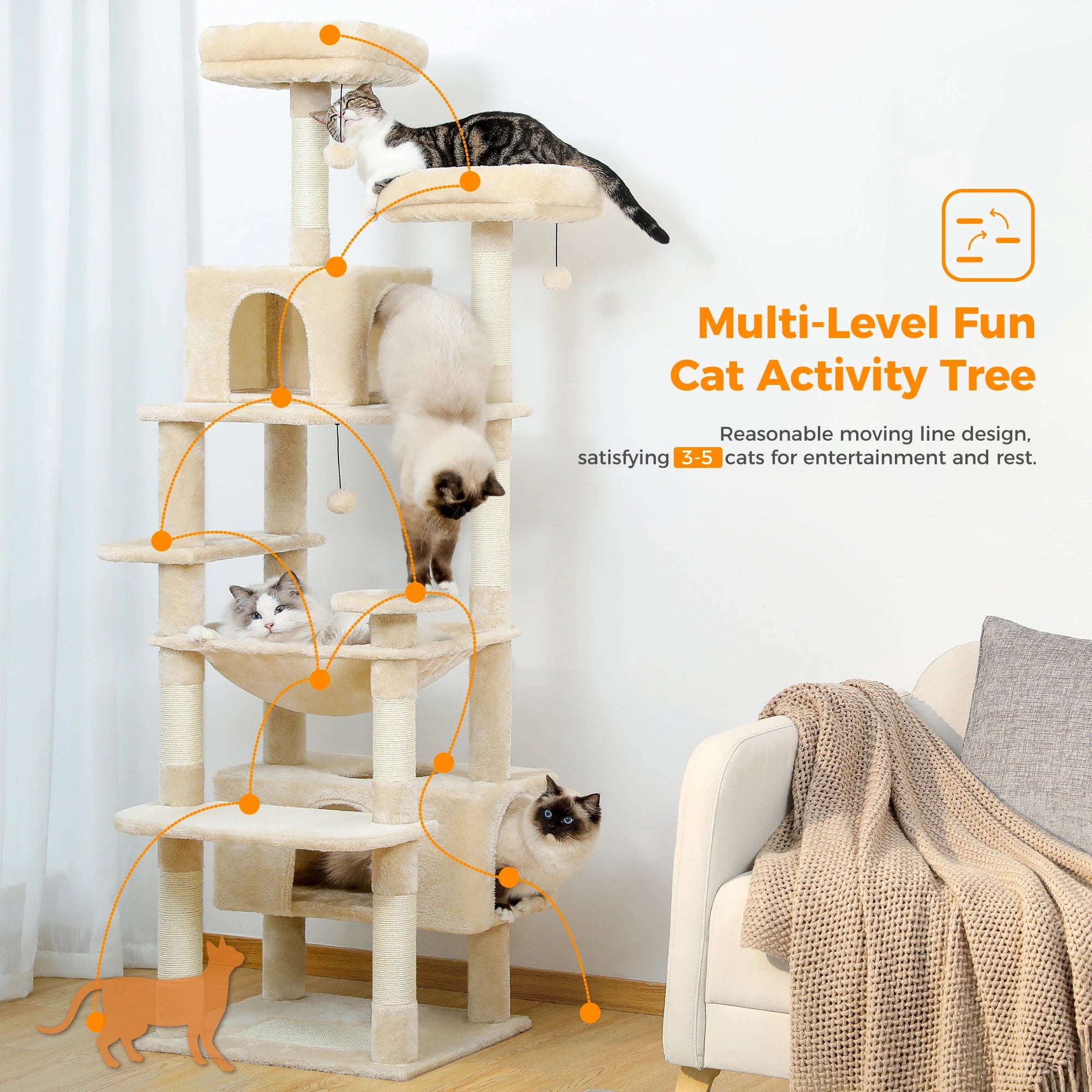 Large Cat Tree and Tower for Indoor Cats With Sisal-Covered Scratching Posts.