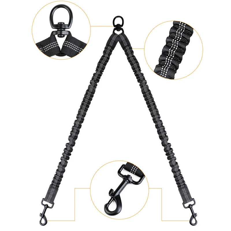 Pet Dog Double Leashes Elastic Rope Two Heads Nylon Two Dogs Collars.