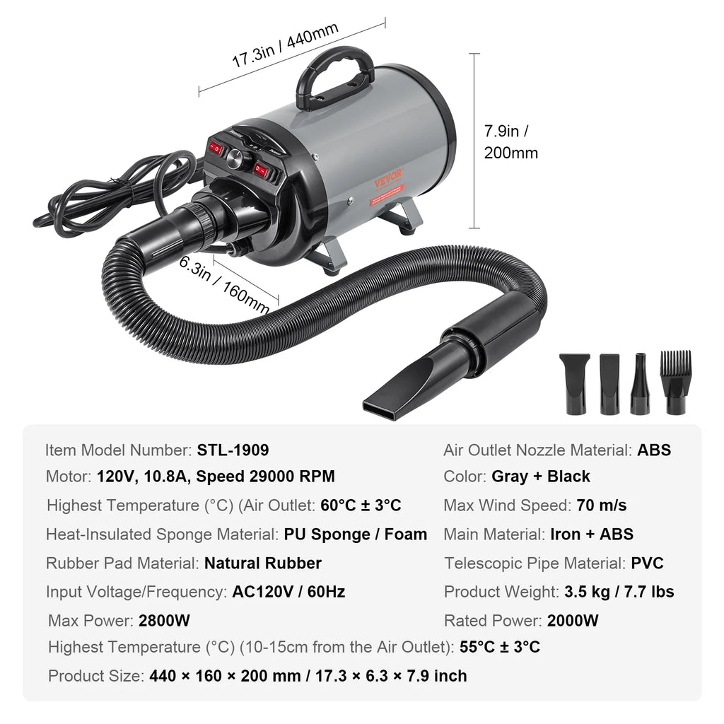 2000W/2.7HP Dog Blow Dryer Adjustable Speed Temperature Control.