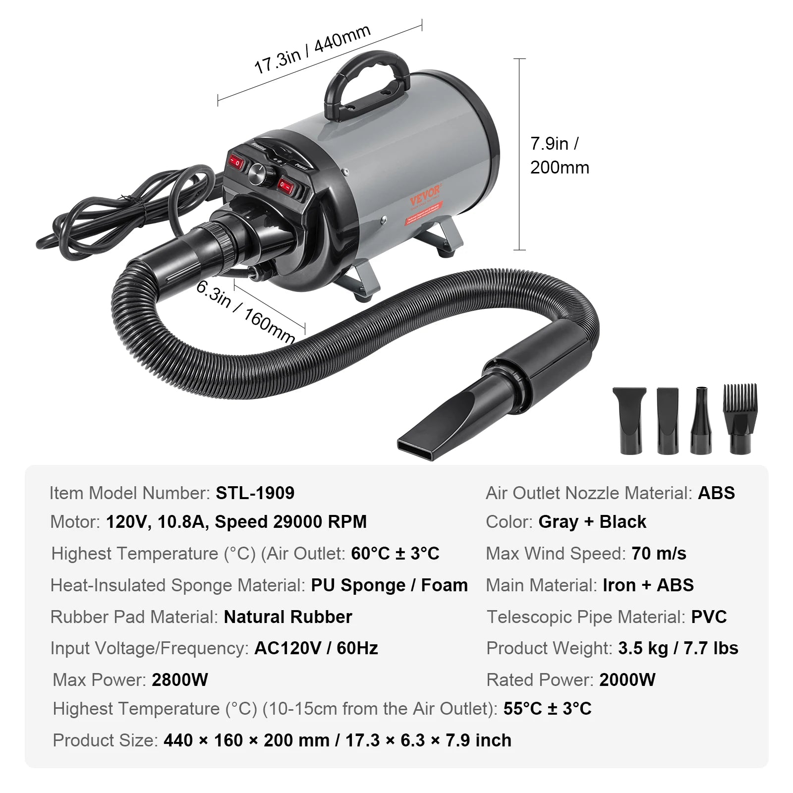 2000W/2.7HP Dog Blow Dryer Adjustable Speed Temperature Control.
