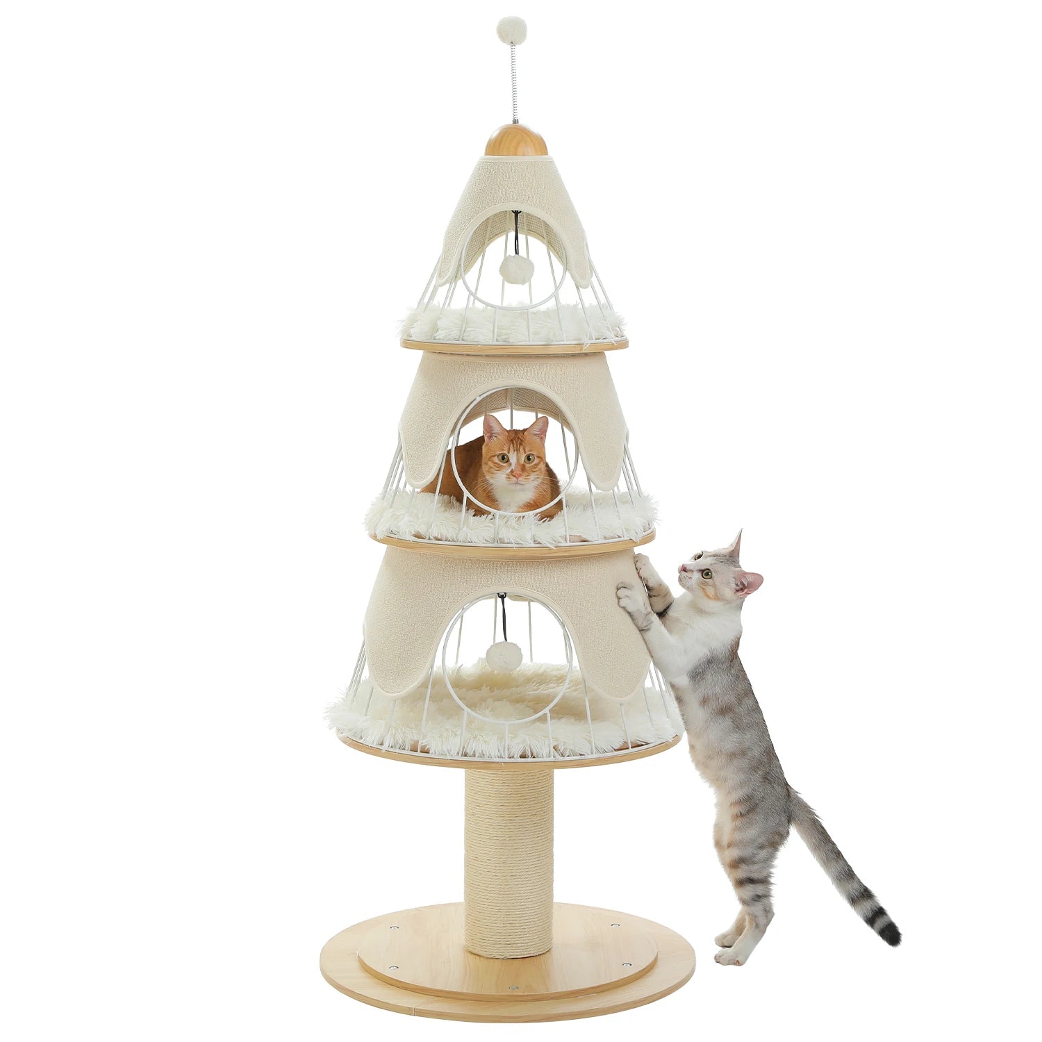 Christmas Cat Tree Tower with 3 Cozy Condos & Pompoms Multi-Level Cat House.
