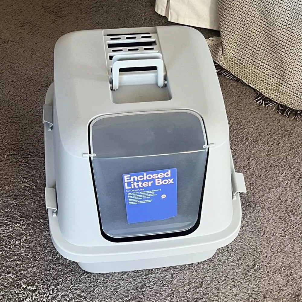 Enclosed Cat Litter Box with Front Door Flap,Covered Kitty Litter Boxes with Top Handle,BPA Free Large Litter Pan with Lid,Gray