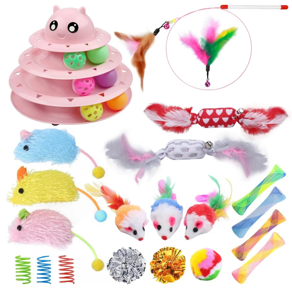 Interactive Cat Toy Set with 3-Tier Turntable & Balls.