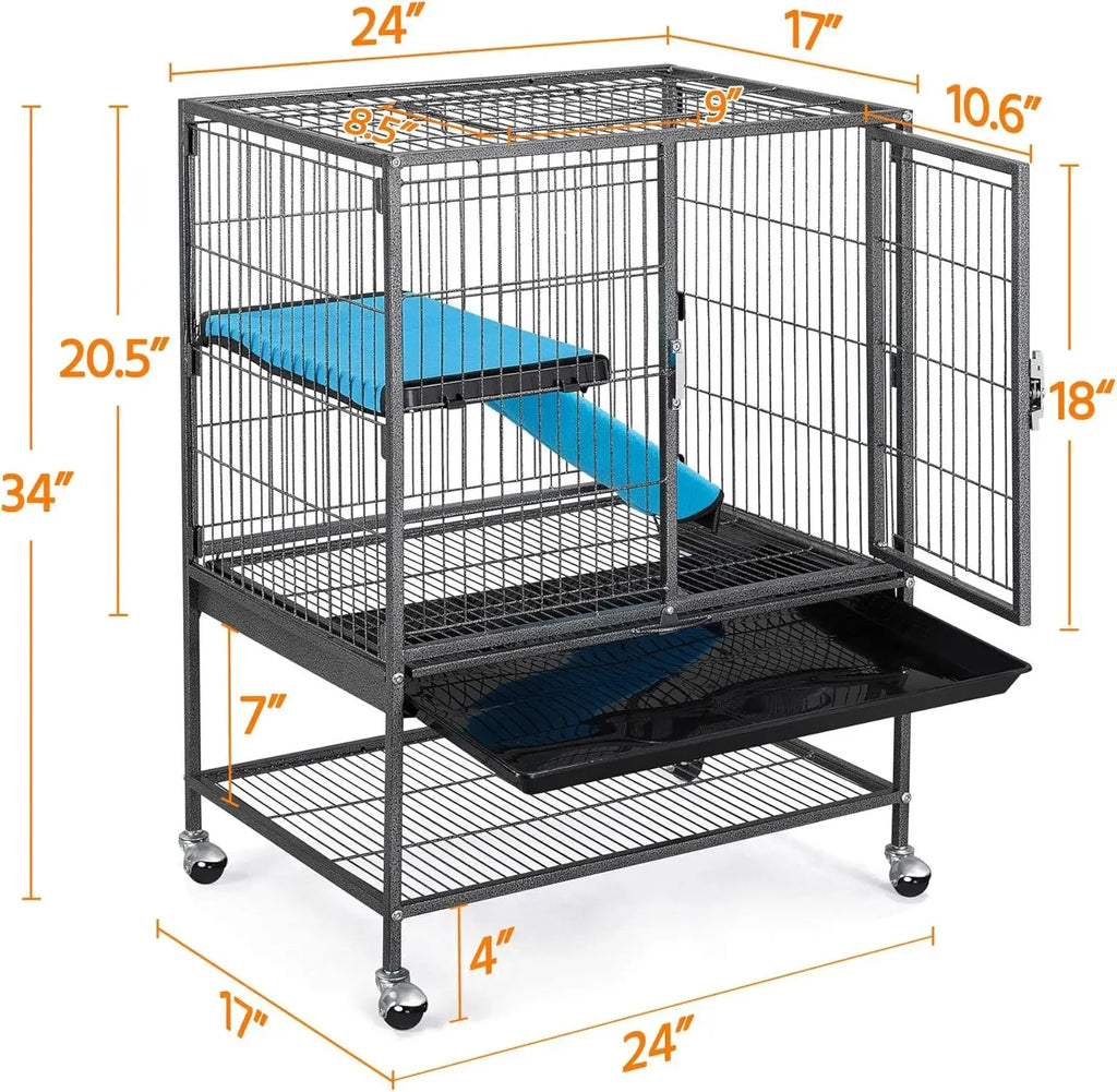 Metal 34'' Ferret Cage Critter Indoor for Adult, 2-Tiers Small Tray＆Shelf, Black