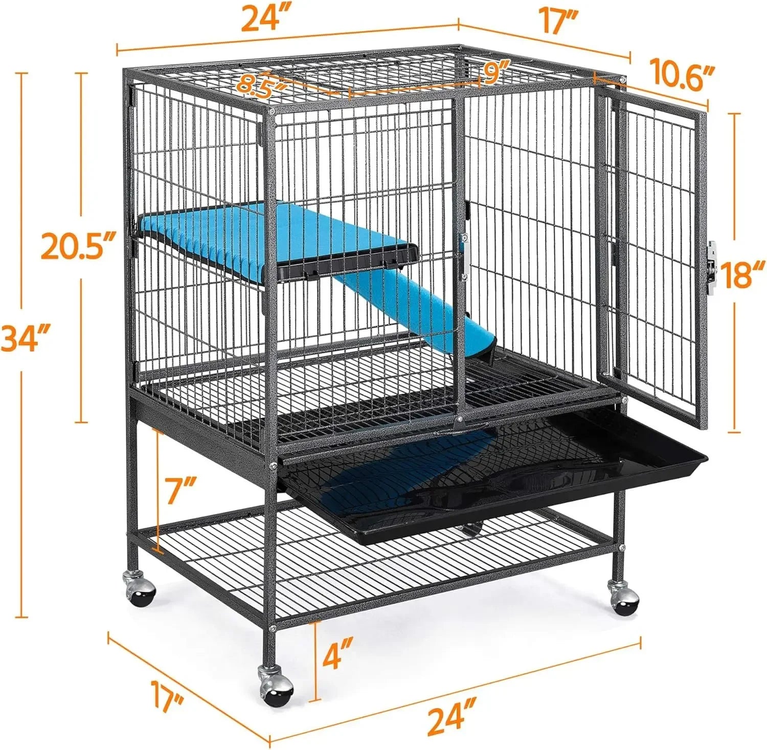 Metal 34'' Ferret Cage Critter Indoor for Adult, 2-Tiers Small Tray＆Shelf, Black