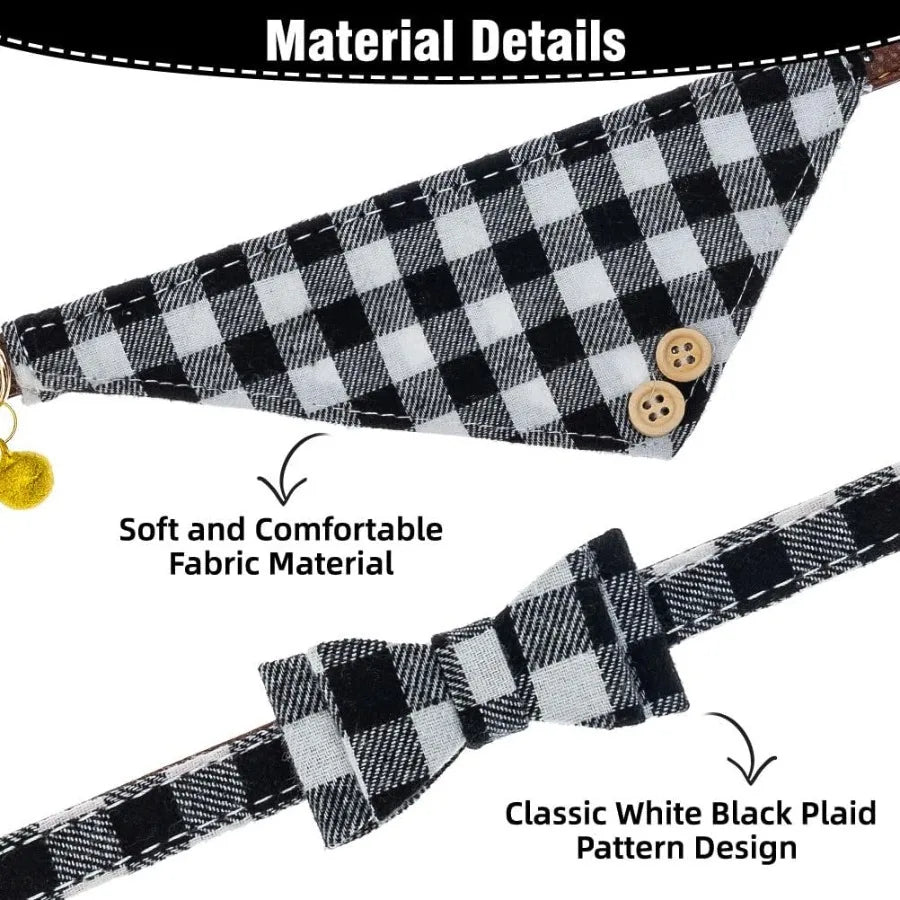 Classic Plaid Dog Bow Tie and Dog Bandana Collar with Bell Dog Leash.