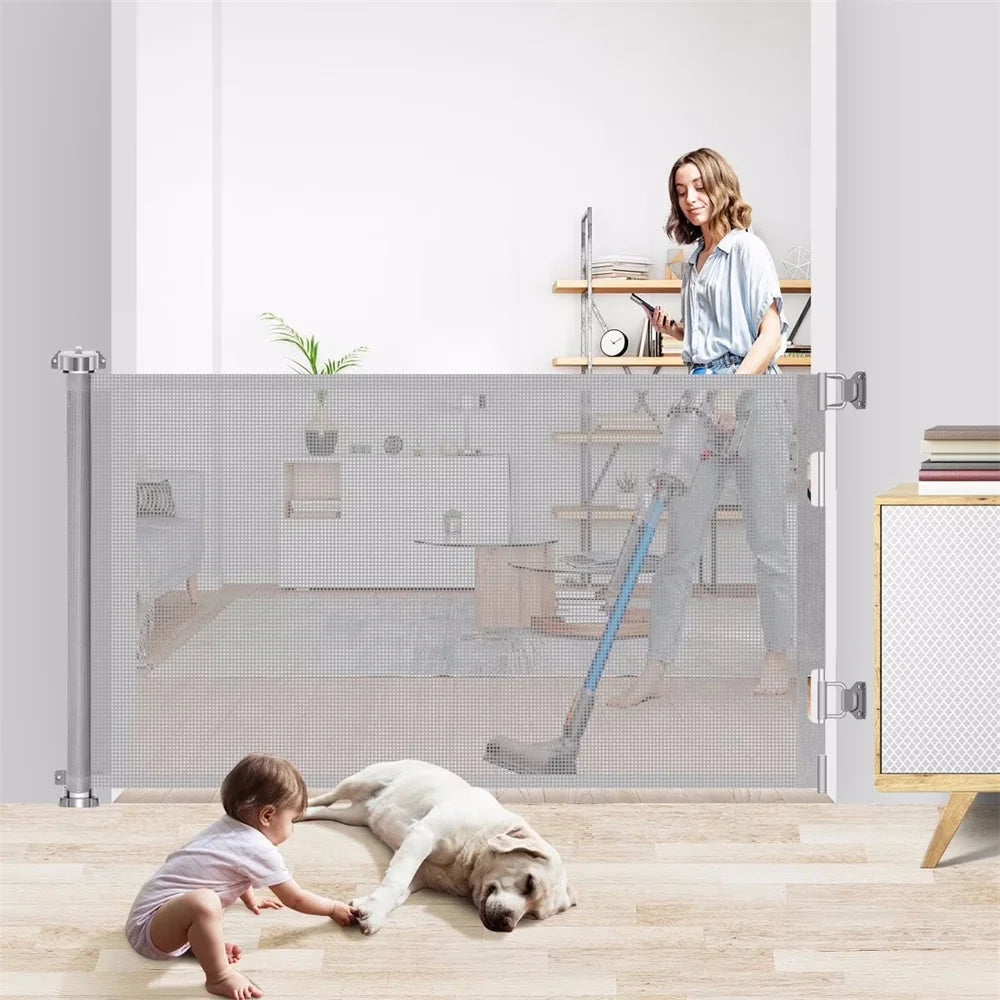 71in Extra Wide Retractable Gate No-Drill Net Fence 34in Tall Mesh.