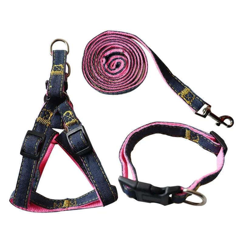 Denim Dog Collar Harness Set, Pet Accessories, Puppy and Cat Collar.