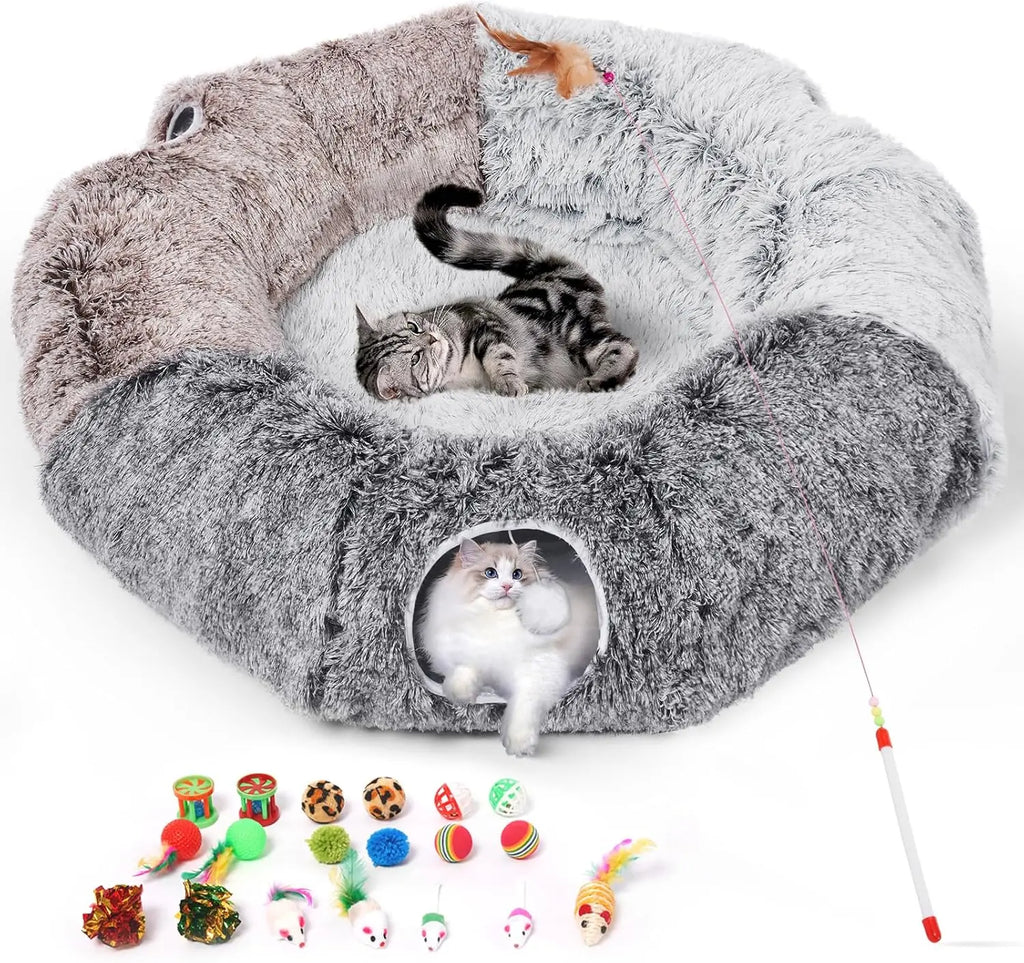 Large Cat Tunnel with Warm Bed and 20 Toys for Indoor Play, Detachable Cave for Kittens