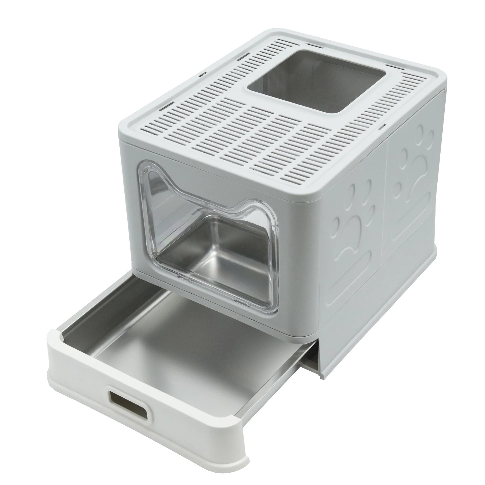 Stainless Steel Cat Litter Box with Lid Front Entry and Top Exit.