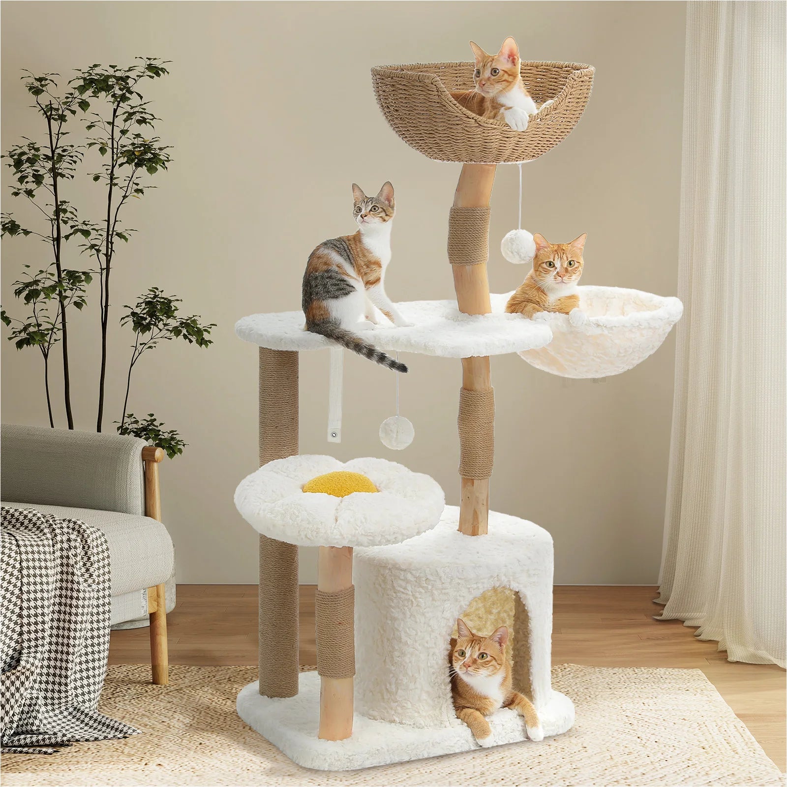 Solid Wood Cat Tree Modern Cat Tower with Spacious Cat Condo,Flower Perches.
