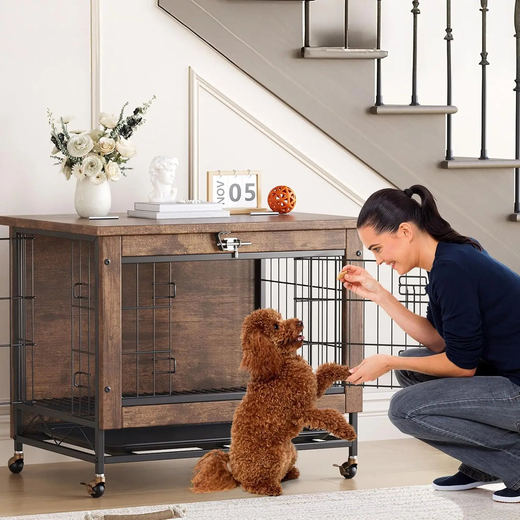 Rustic Dog Crate Furniture with Wheels 26in Small Heavy Duty Metal and Wood.