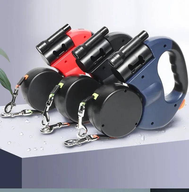 3in1 Double Head Automatic retractable Dog leash Flashlight Poop Bag Dispenser.