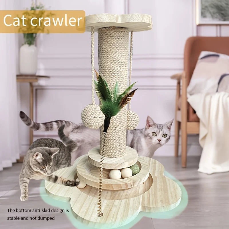 Indoor Cat Scratching Post for Pets, 2-Layer Ball Track Kitten Toy with Teasing Wand.