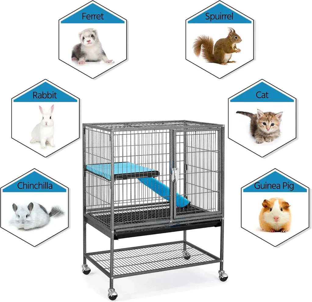 Metal 34'' Ferret Cage Critter Indoor for Adult, 2-Tiers Small Tray＆Shelf, Black