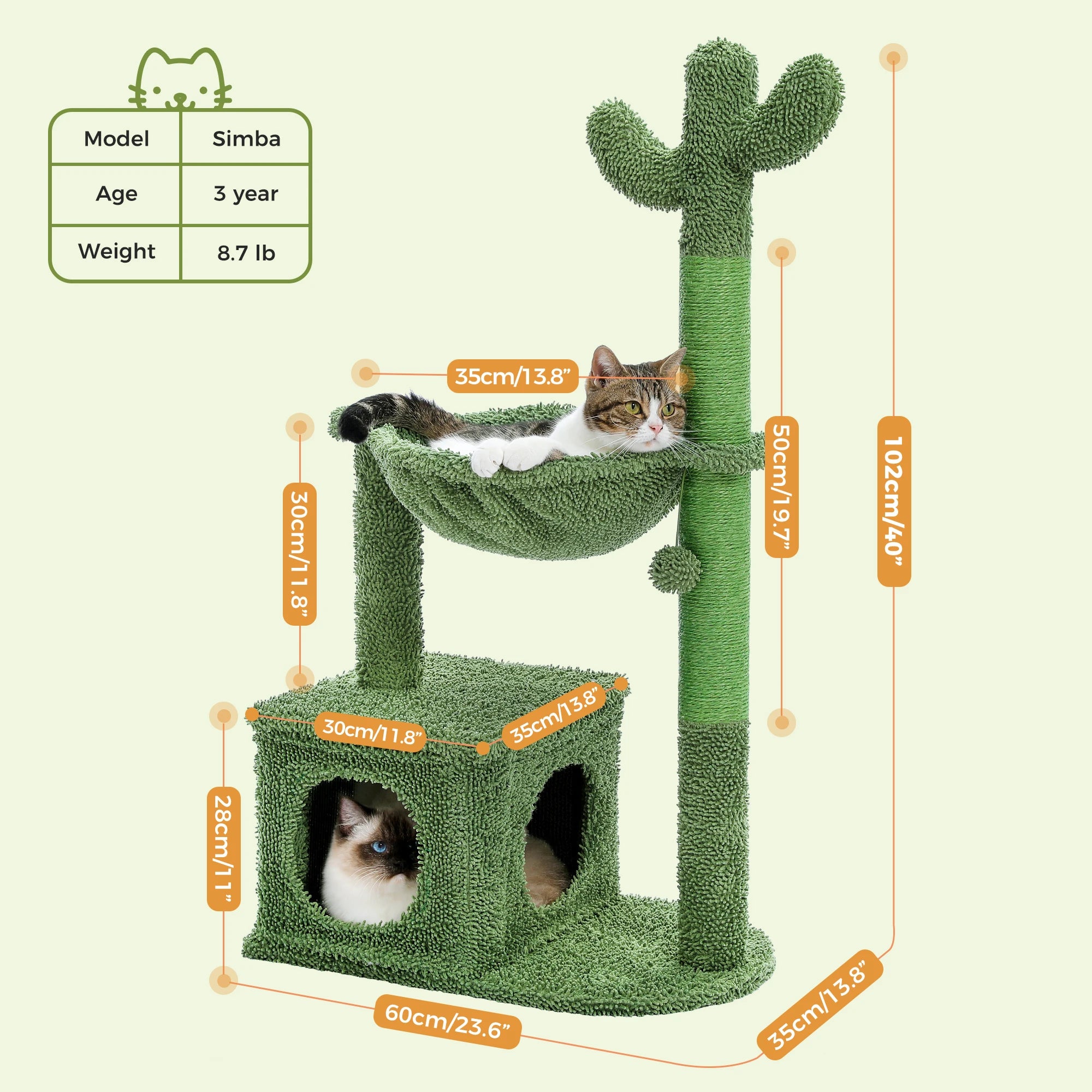 Cactus Cat Tree with Lagre Condo, Hammock, Dangling Ball.