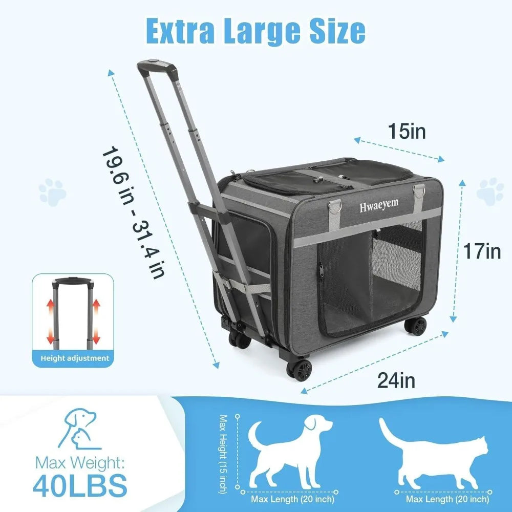 Pet Carrier with Wheels, Rolling Carrier for 2 Cats or Medium Dog, 24 X 15 X 17 Portable Crate.