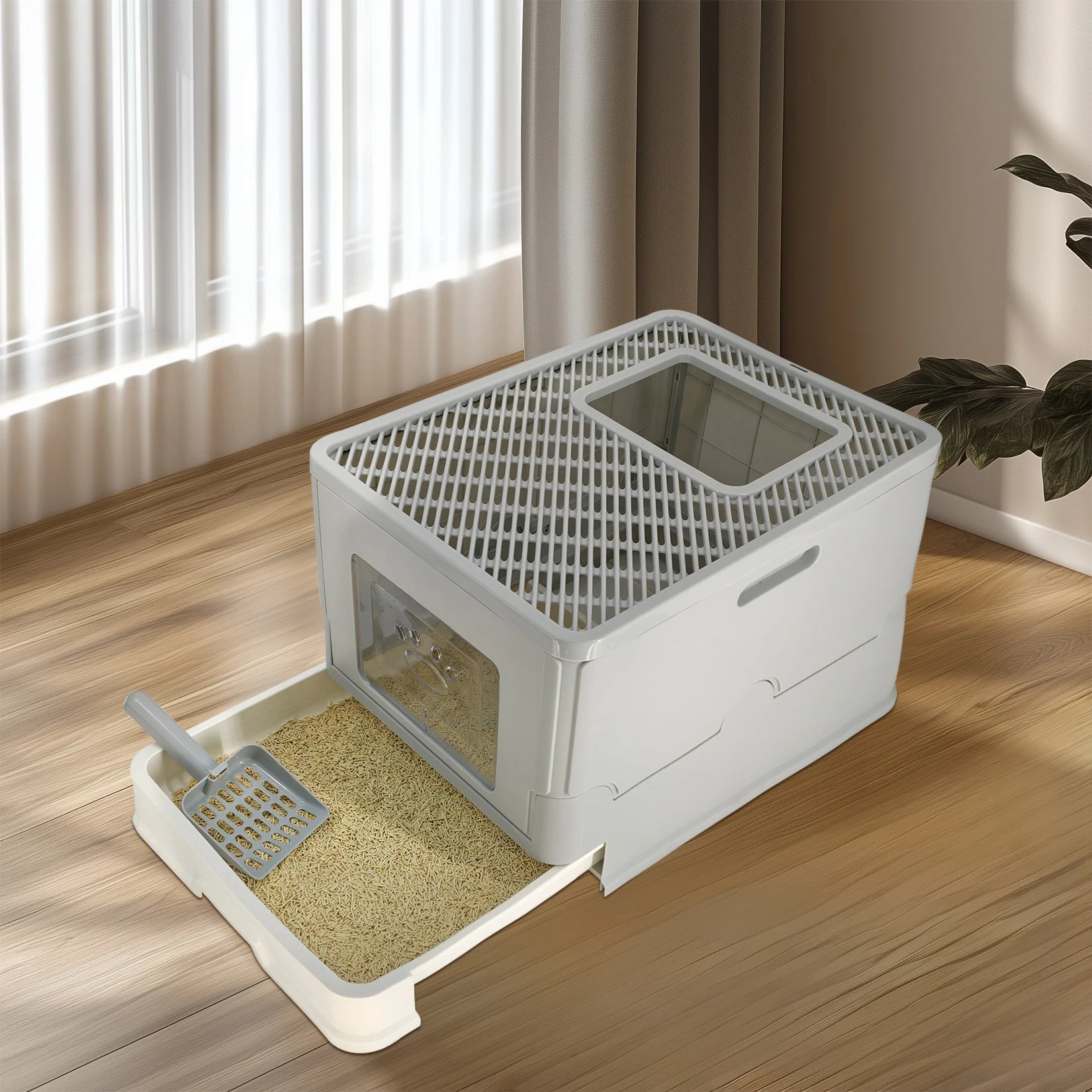 Cat Litter Box with Lid, Enclosed Potty, Large Top Entry Anti-Splashing Toilet.