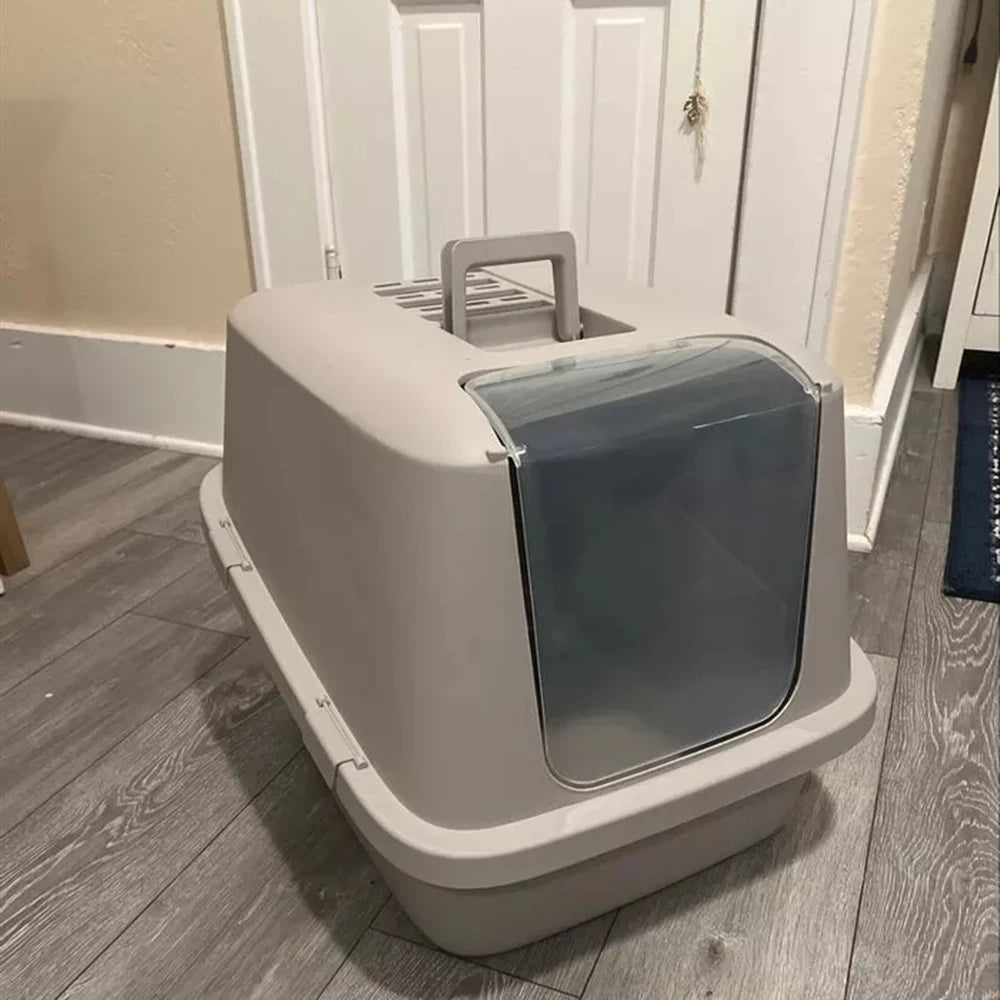 Enclosed Cat Litter Box with Front Door Flap,Covered Kitty Litter Boxes with Top Handle,BPA Free Large Litter Pan with Lid,Gray