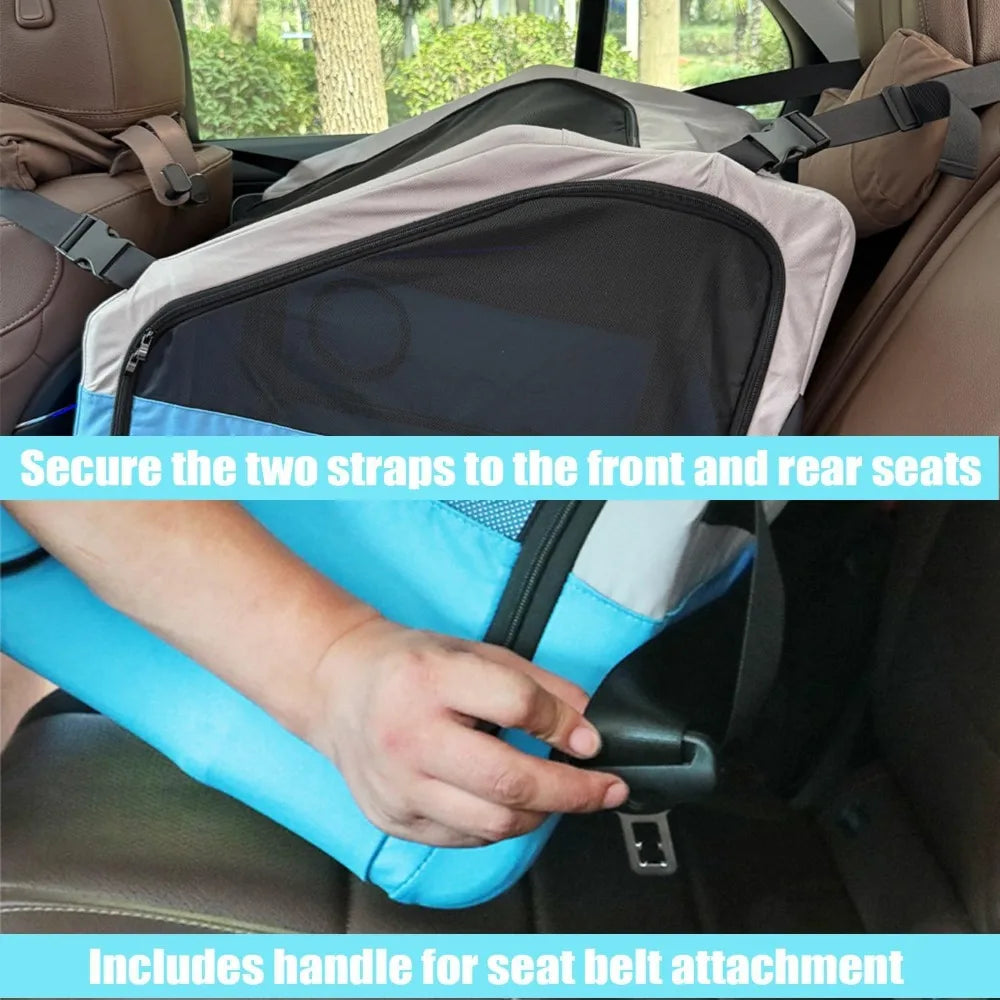 Portable Pet Crate for Car Travel, Dog & Cat Carrier with Secures Seatbelt & Headrest Strap.