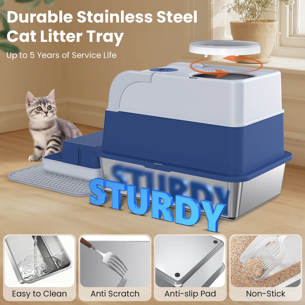 Stainless Steel Cat Litter Box Non-Stick Odor Control Easy Clean.
