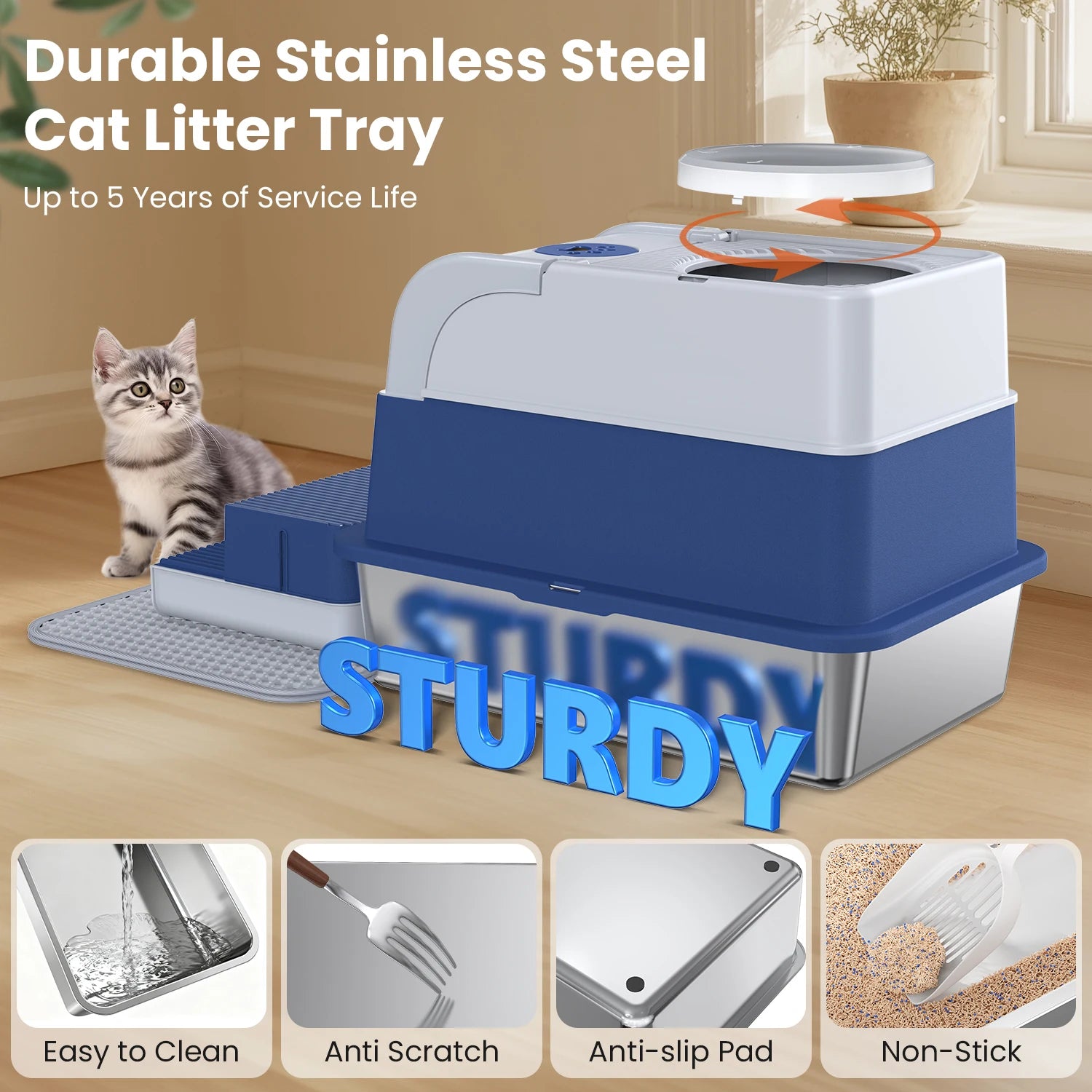 Stainless Steel Cat Litter Box Non-Stick Odor Control Easy Clean.