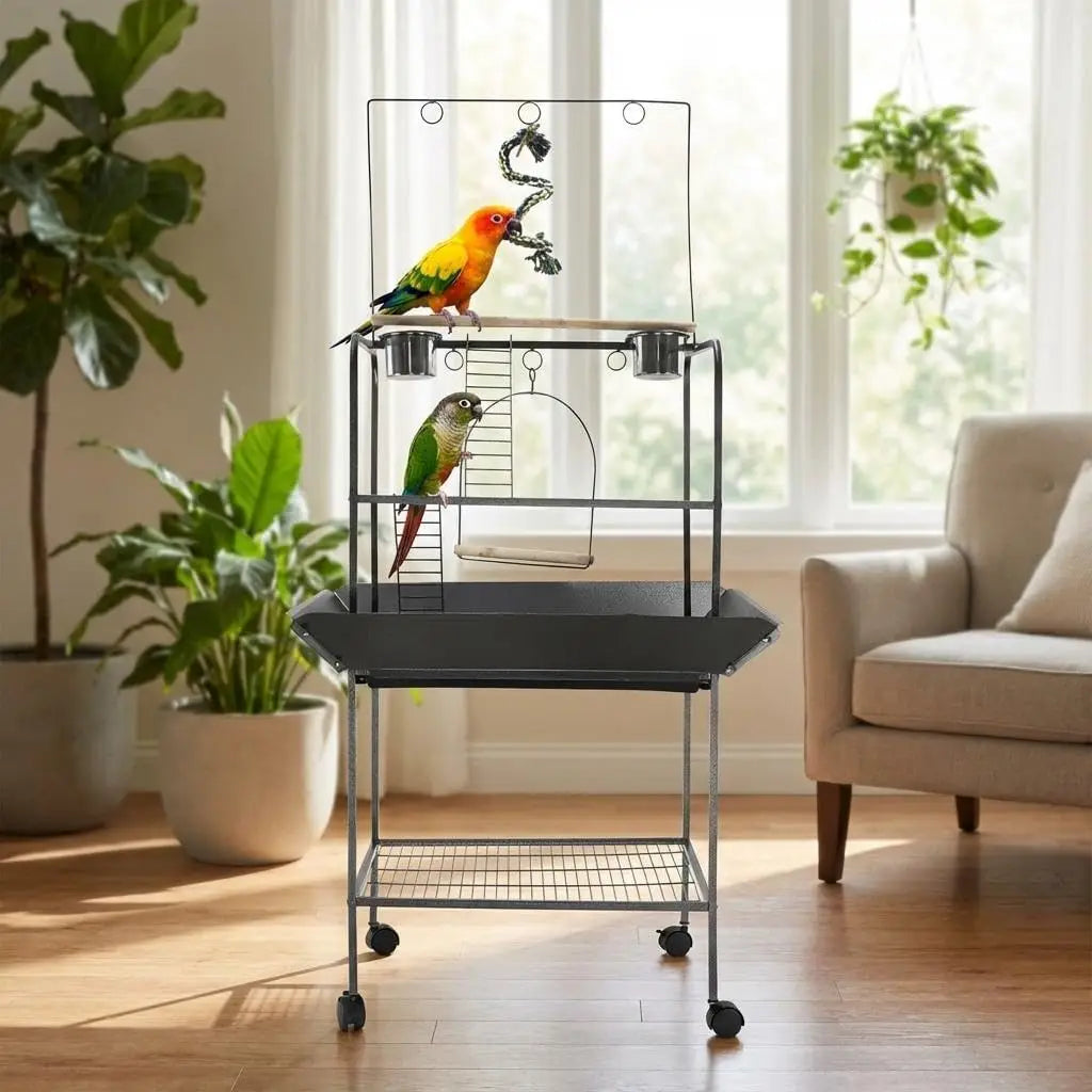 Indoor Outdoor Birds Playground with Swing Parrot Stand with Wheels.