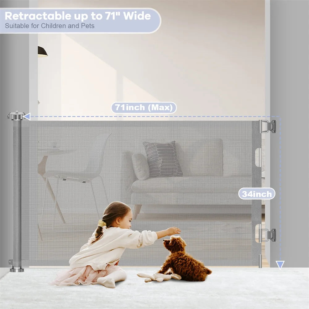 71in Extra Wide Retractable Gate No-Drill Net Fence 34in Tall Mesh.