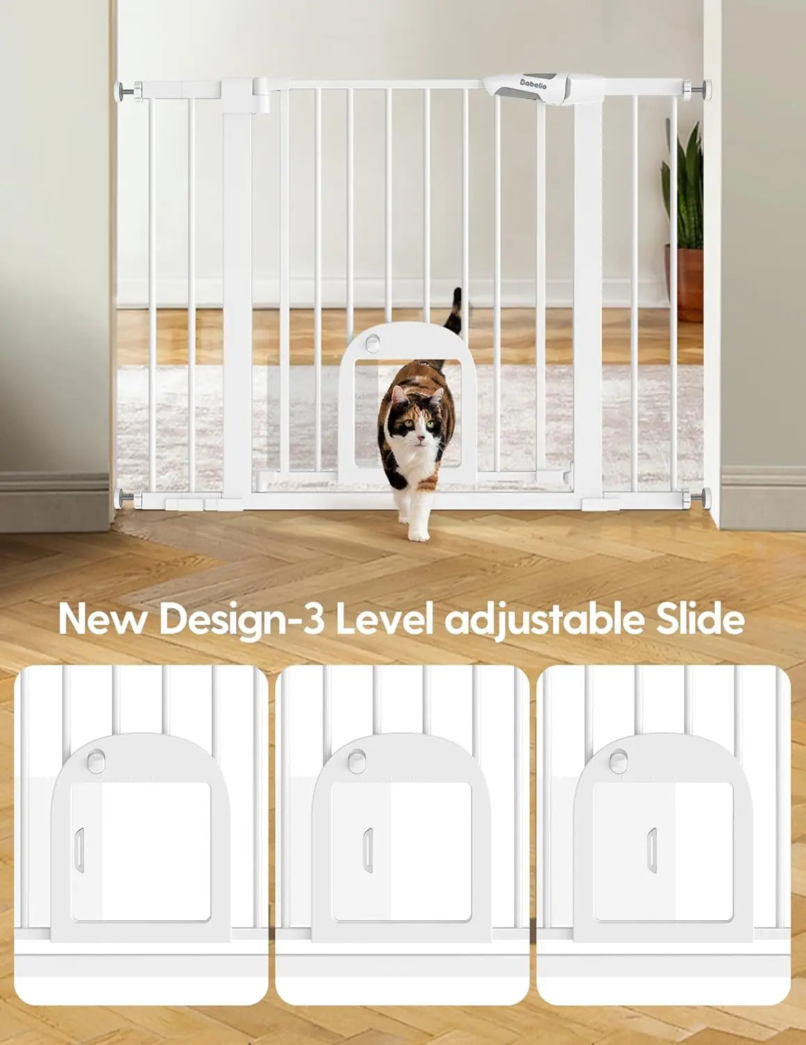 Adjustable Pet Gate with Cat Door, 29-43" Auto Close Pressure Mounted for Stairs and Doorways.