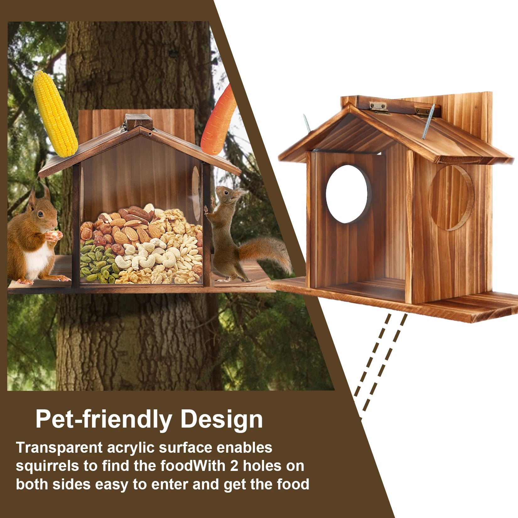 Carbonized Wood Squirrel Feeder for Outside Winter Durable Chipmunk House Box.
