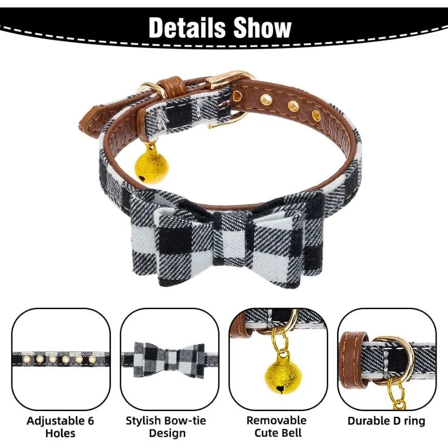 Classic Plaid Dog Bow Tie and Dog Bandana Collar with Bell Dog Leash.