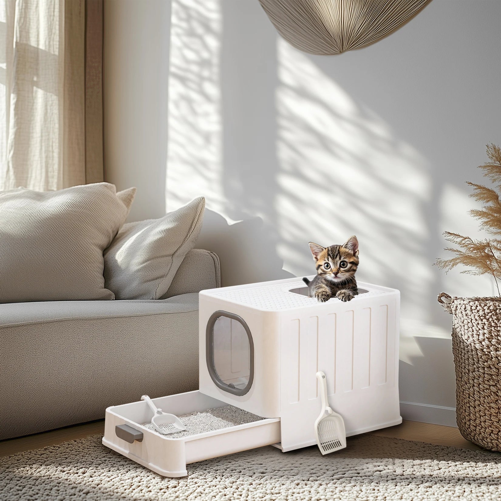 Cat Litter Box with Lid, Enclosed Potty, Large Top Entry Anti-Splashing Toilet.