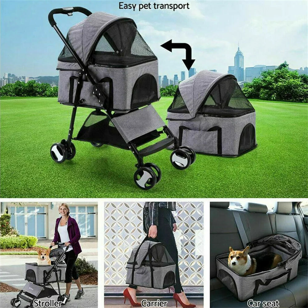 Pet Dog Stroller Foldable Travel Carrier Strolling Cart, pushchair Jogger Buggy with 4 Wheels and Rain Cover
