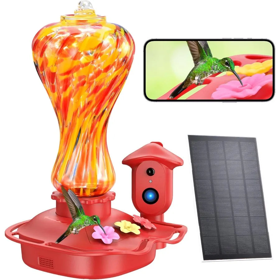 Smart Glass Hummingbird Feeder with Camera Solar Powered 2K HD.