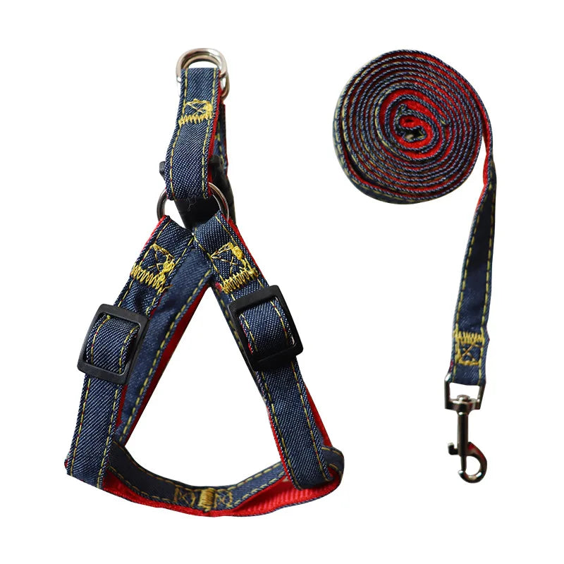 Denim Dog Collar Harness Set, Pet Accessories, Puppy and Cat Collar.