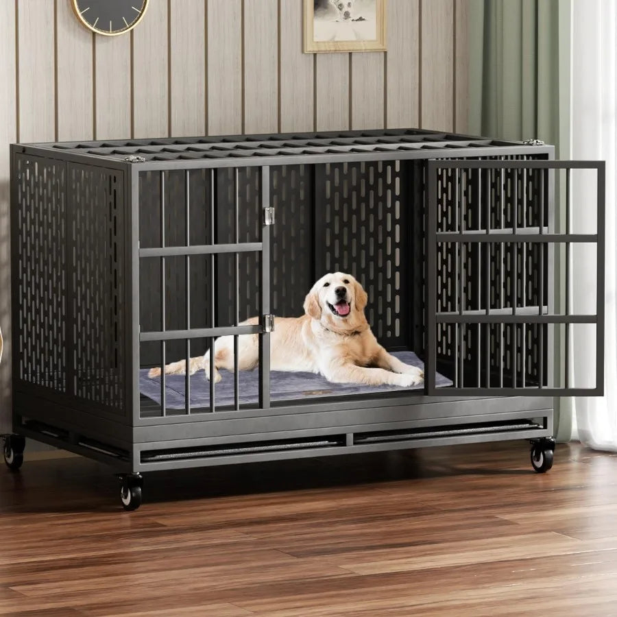 48 Inch Heavy Duty Dog Crate with Wheels Folding Metal Big Dog Cage for Large and Medium Dogs Extra Large XL XXL Indestructible
