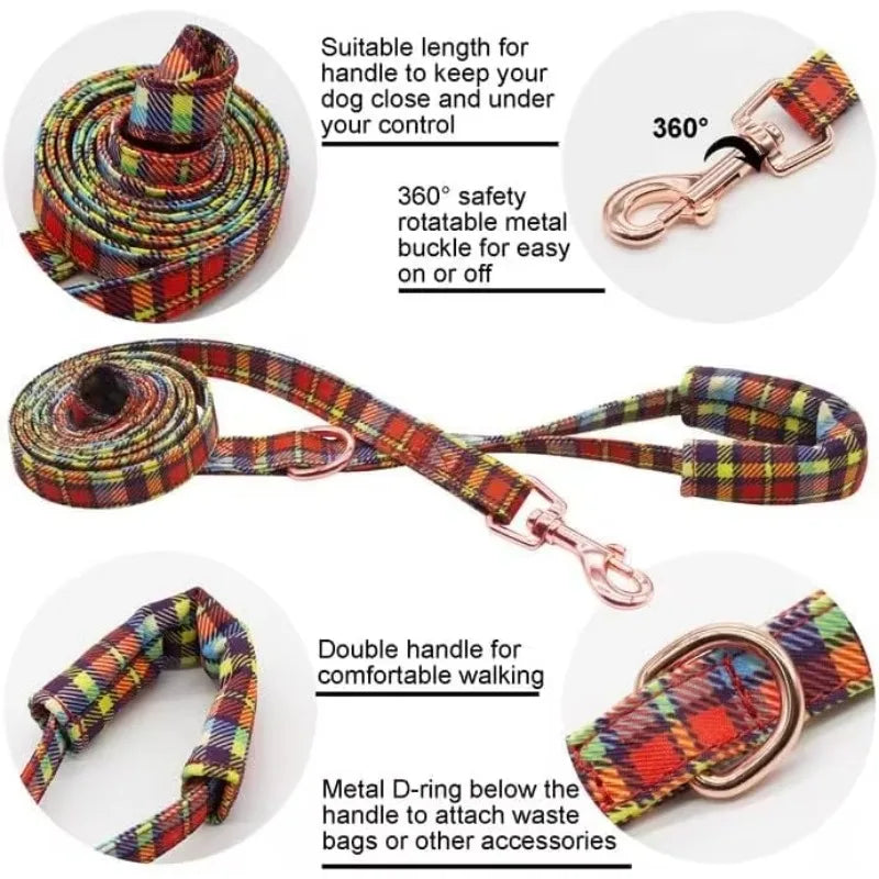 Plaid Dog Collar Leash Set with Bow Tie Adjustable Cute Puppy Collar.