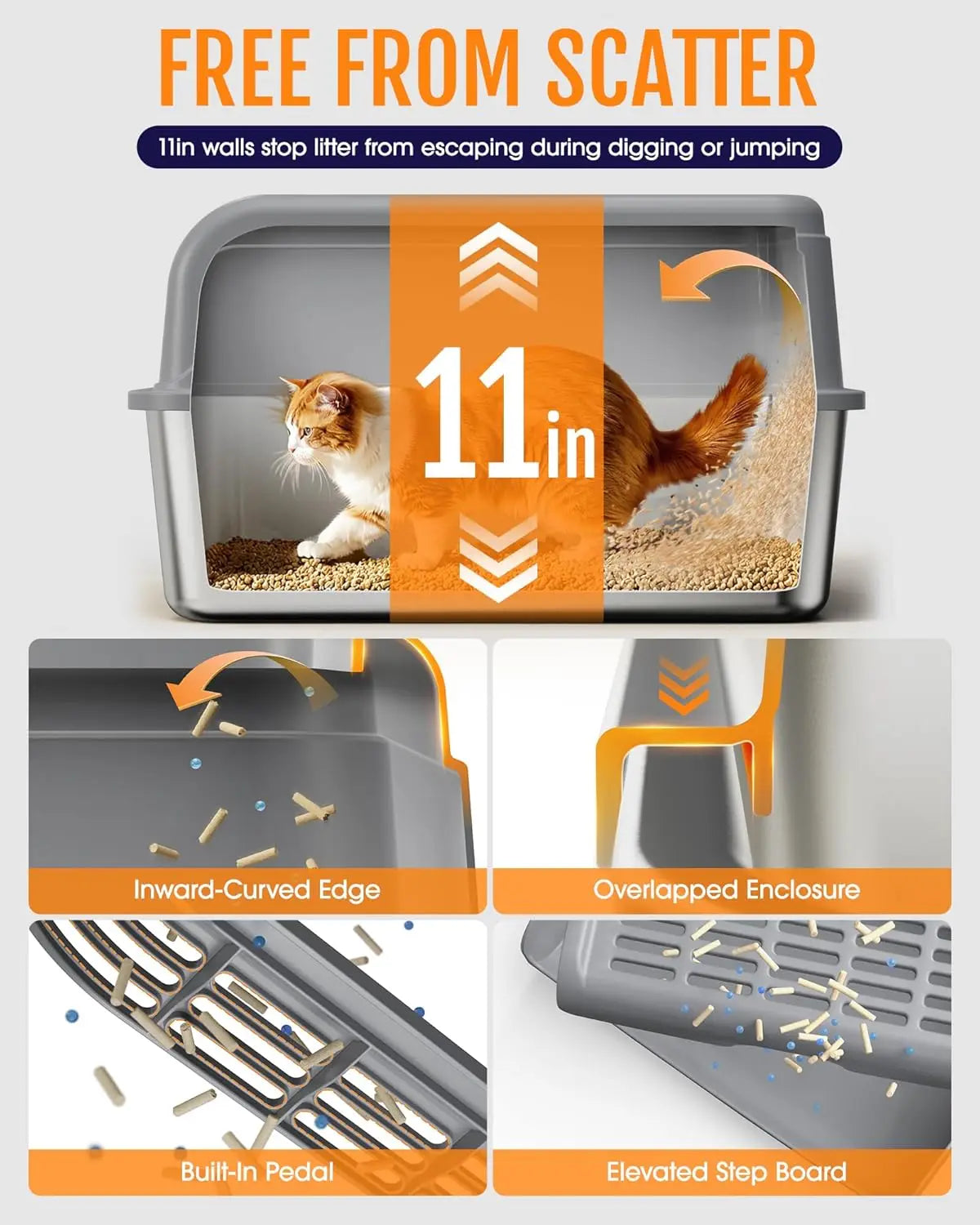 Stainless Steel Cat Litter Box with Elevated Step, Scoop & Scatter-Proof Design for Easy Cleaning