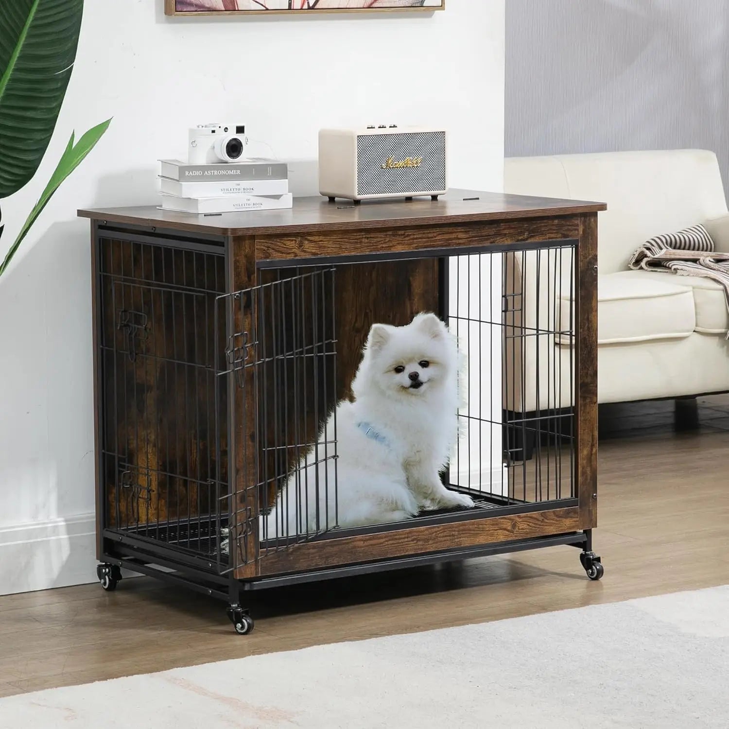 Rustic Dog Crate Furniture with Wheels 26in Small Heavy Duty Metal and Wood.