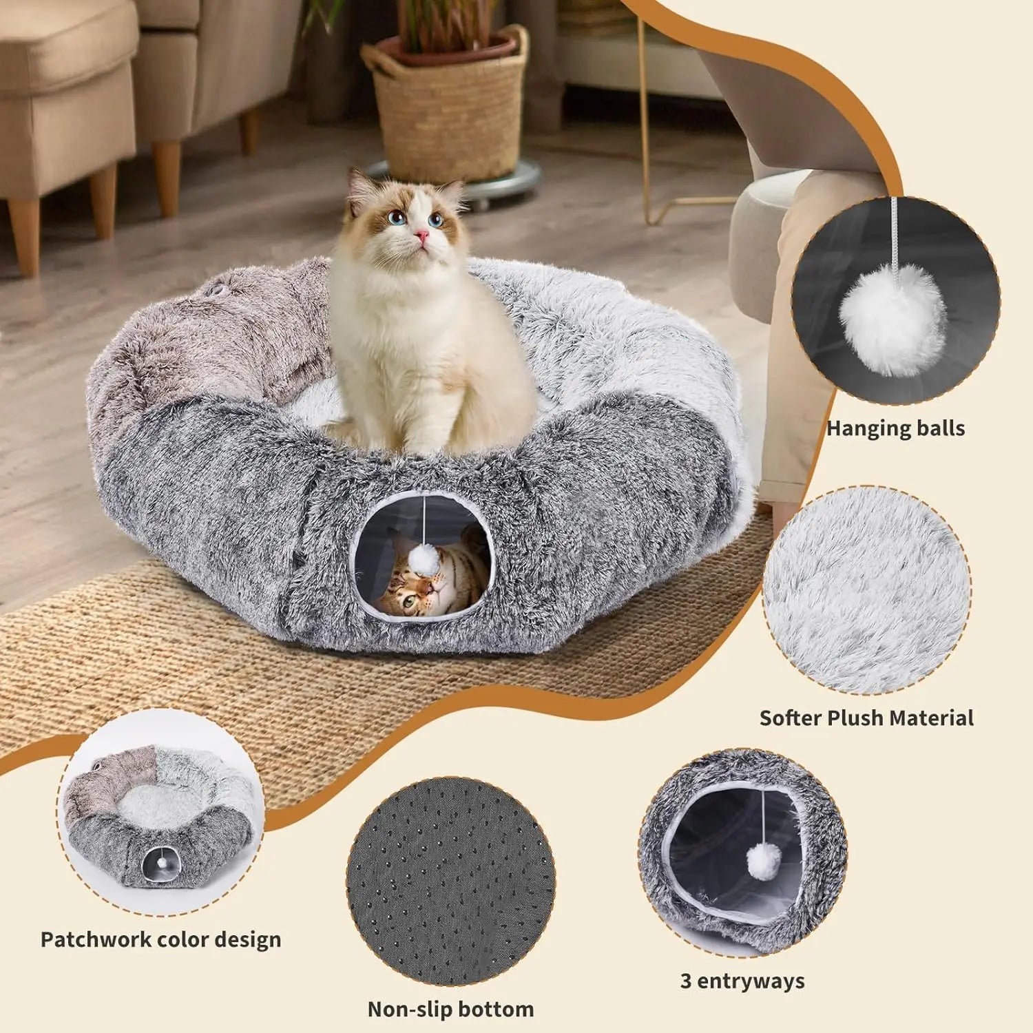 Large Cat Tunnel with Warm Bed and 20 Toys for Indoor Play, Detachable Cave for Kittens