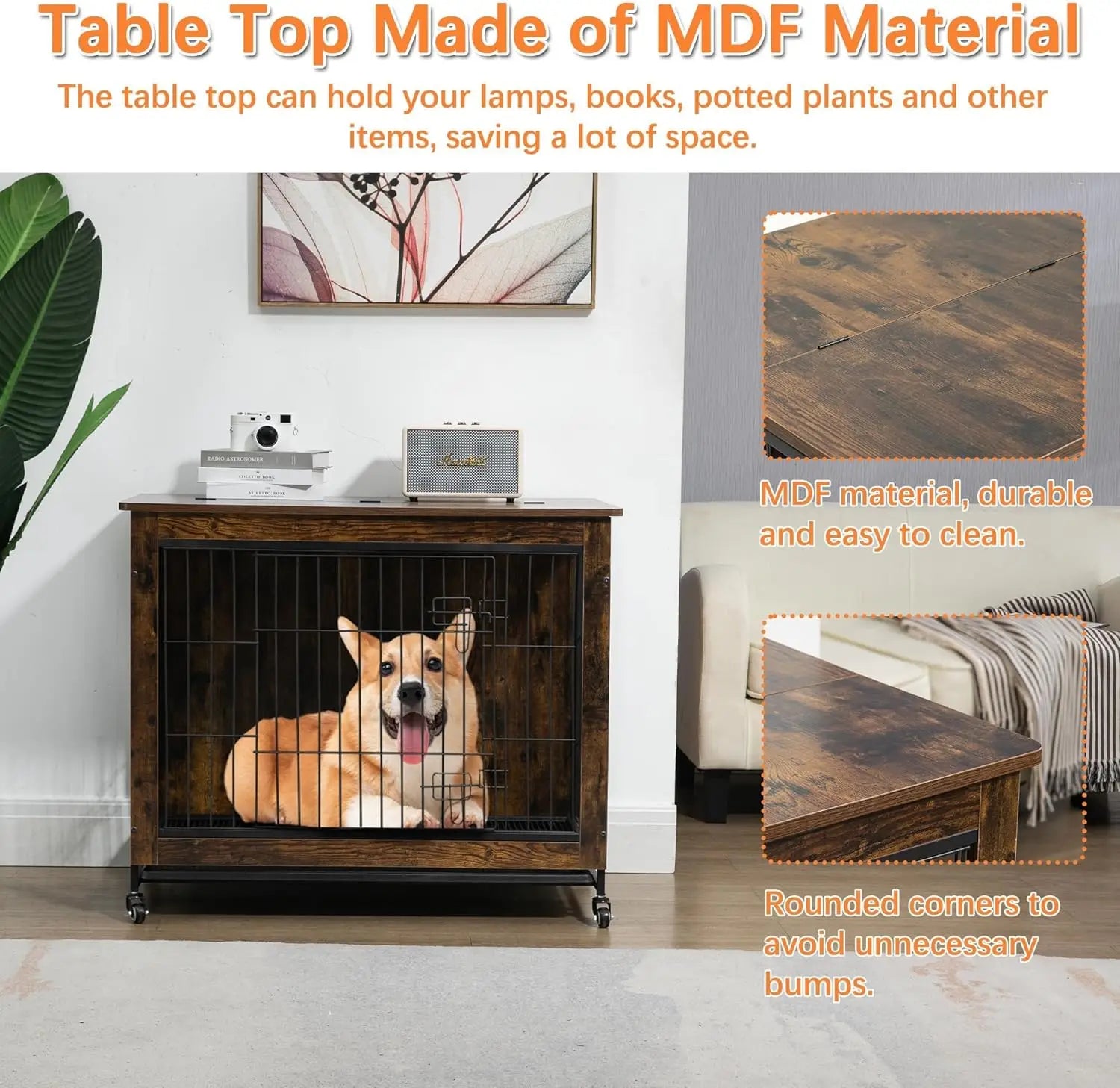Rustic Dog Crate Furniture with Wheels 26in Small Heavy Duty Metal and Wood.