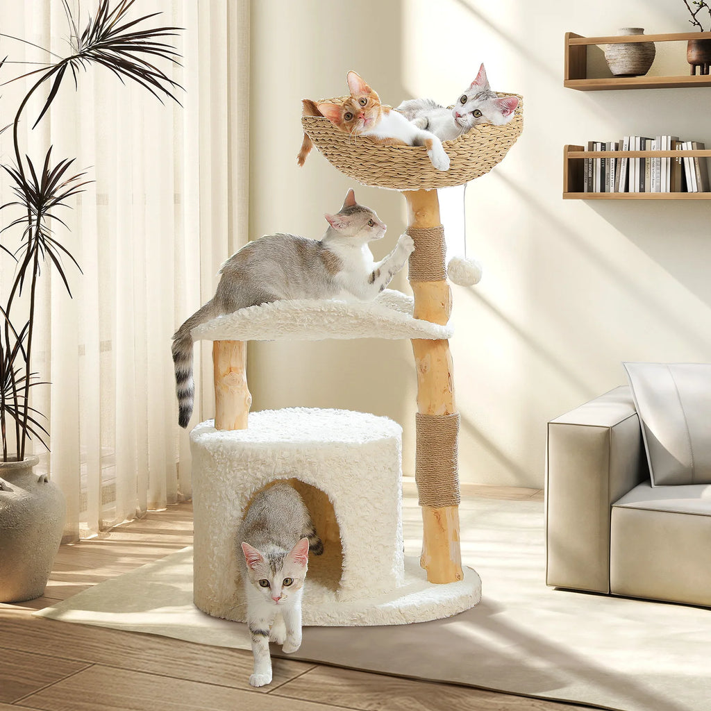 Solid Wood Cat Tree Modern Cat Tower with Spacious Cat Condo,Flower Perches.