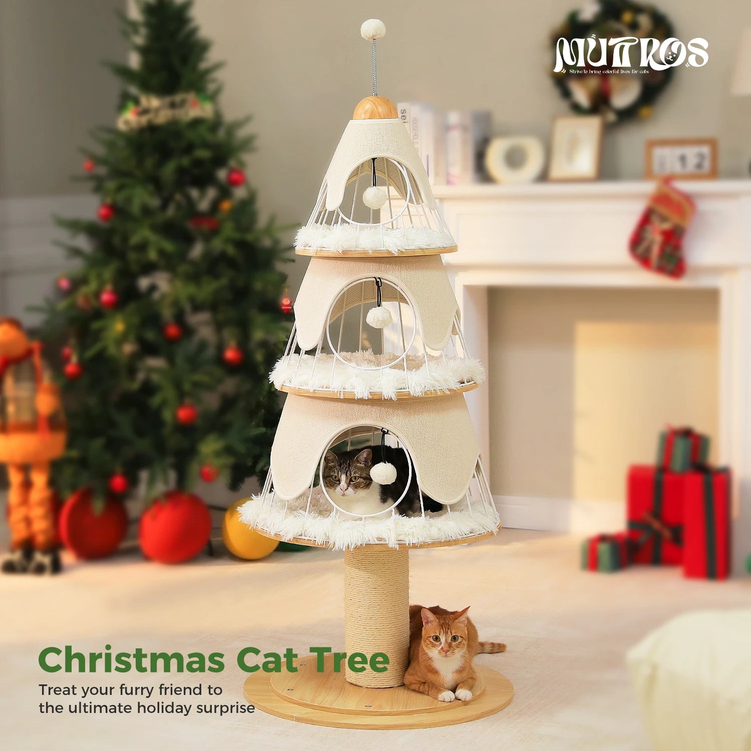 Christmas Cat Tree Tower with 3 Cozy Condos & Pompoms Multi-Level Cat House.