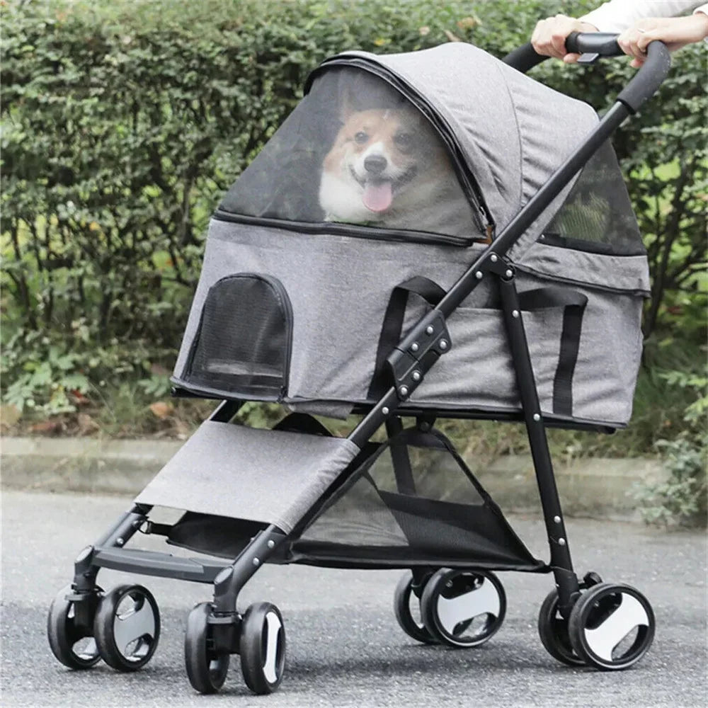 Pet Dog Stroller Foldable Travel Carrier Strolling Cart, pushchair Jogger Buggy with 4 Wheels and Rain Cover