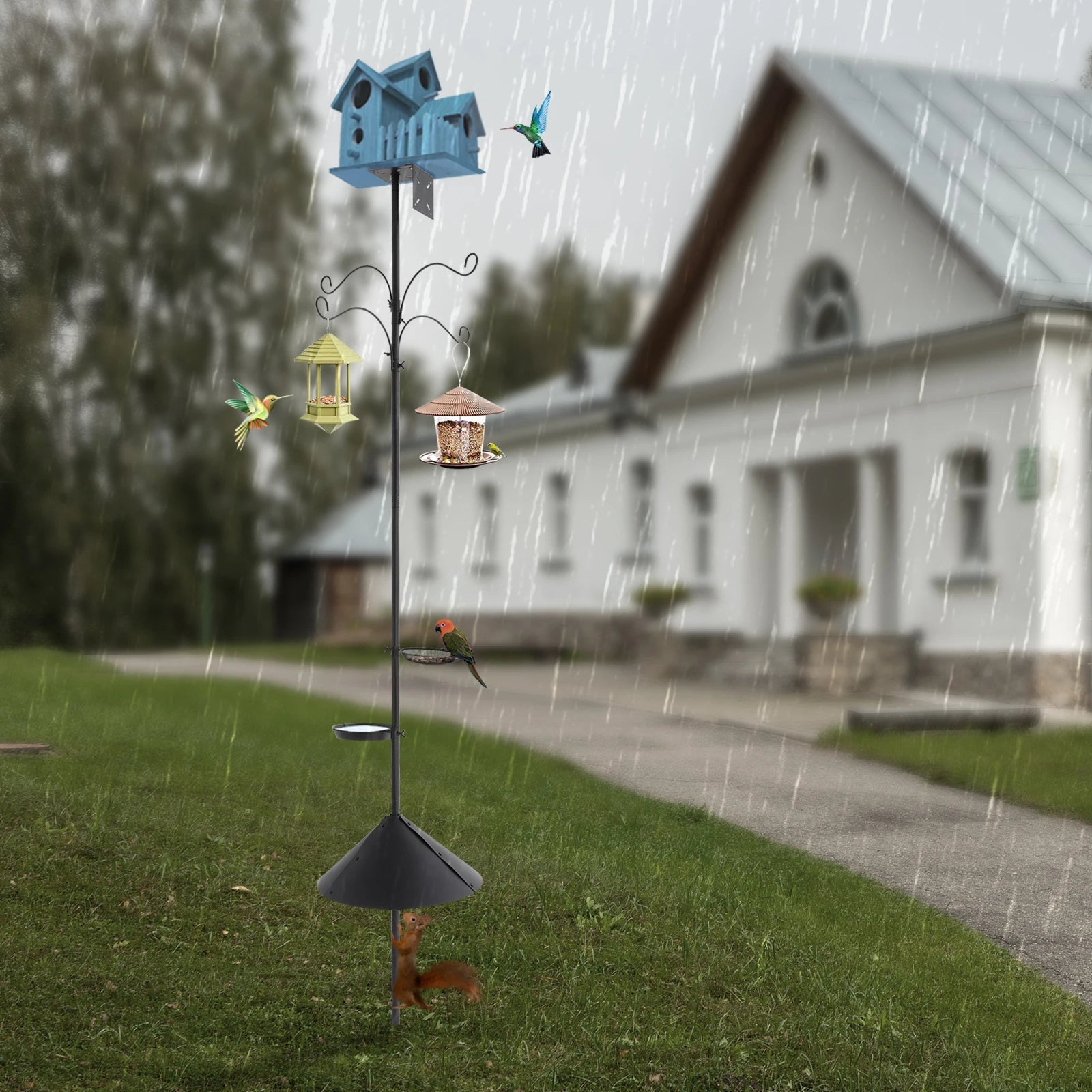 4Hooks2Food Trays Bird Feeder Pole Birdhouse Pole with Squirrel Proof Baffle for gardens