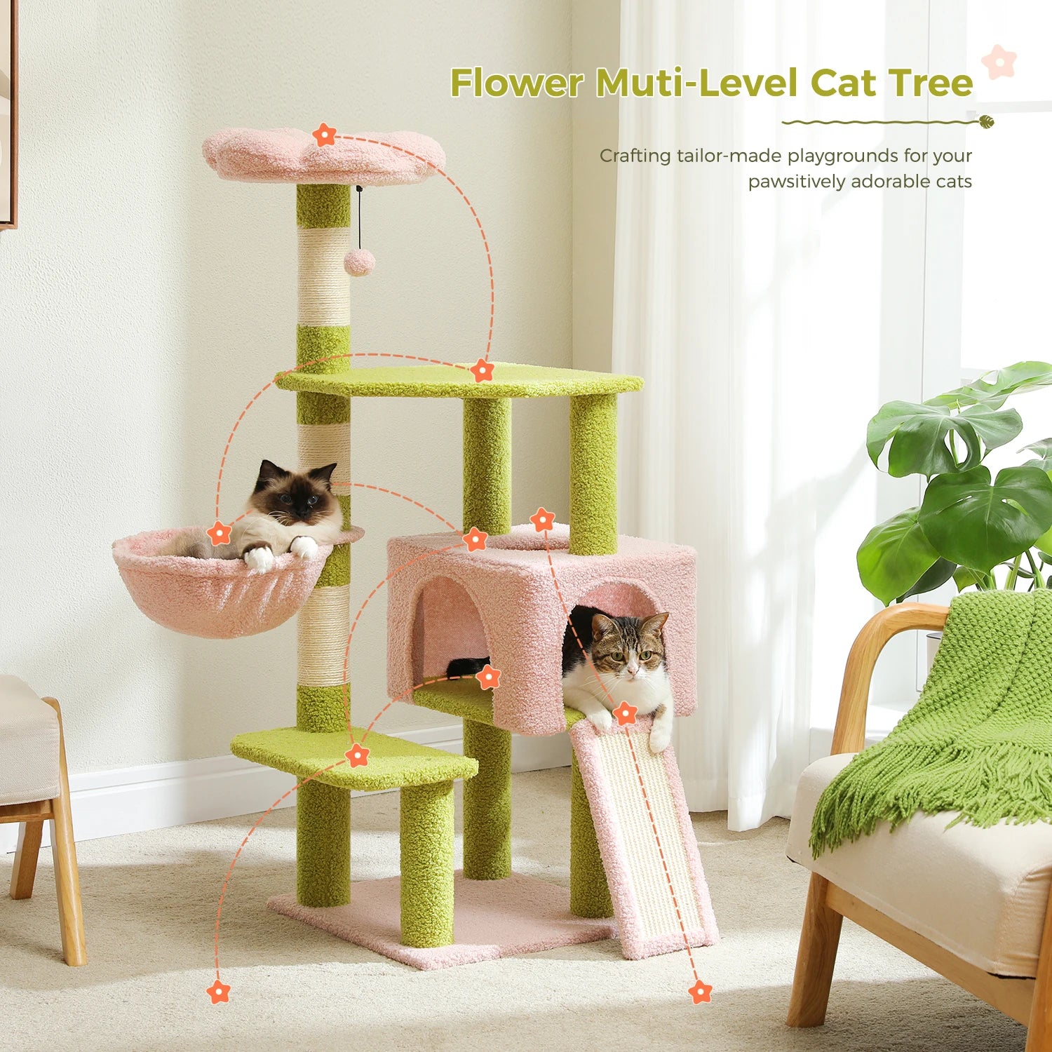 Flower Cat Tree, Multi-Level Cat Tower with Sisal Scratching Posts, Hammock, Ramp, and Top Perch.