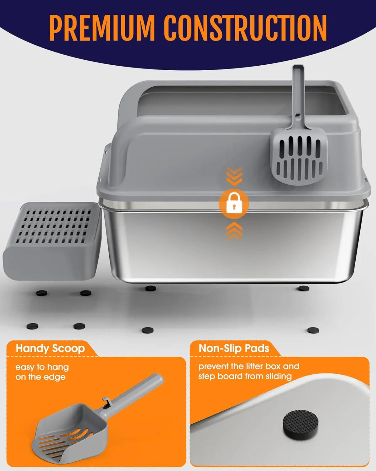 Stainless Steel Cat Litter Box with Elevated Step, Scoop & Scatter-Proof Design for Easy Cleaning
