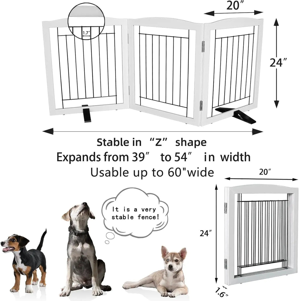 Foldable Indoor Dog Gate, Sturdy Wood Pet Fence for Doorways and Stairs, White 24" Height with 3 Panels