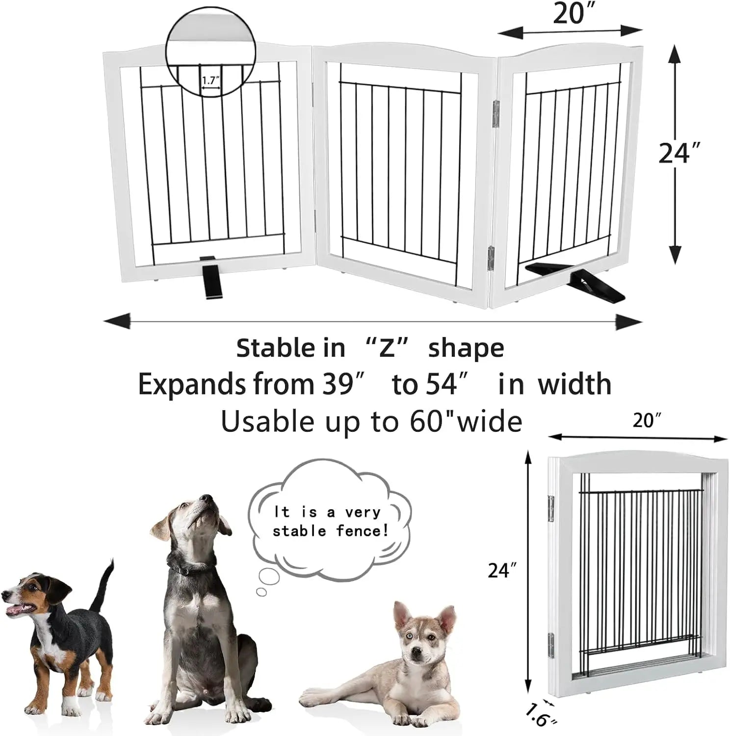 Foldable Indoor Dog Gate, Sturdy Wood Pet Fence for Doorways and Stairs, White 24" Height with 3 Panels